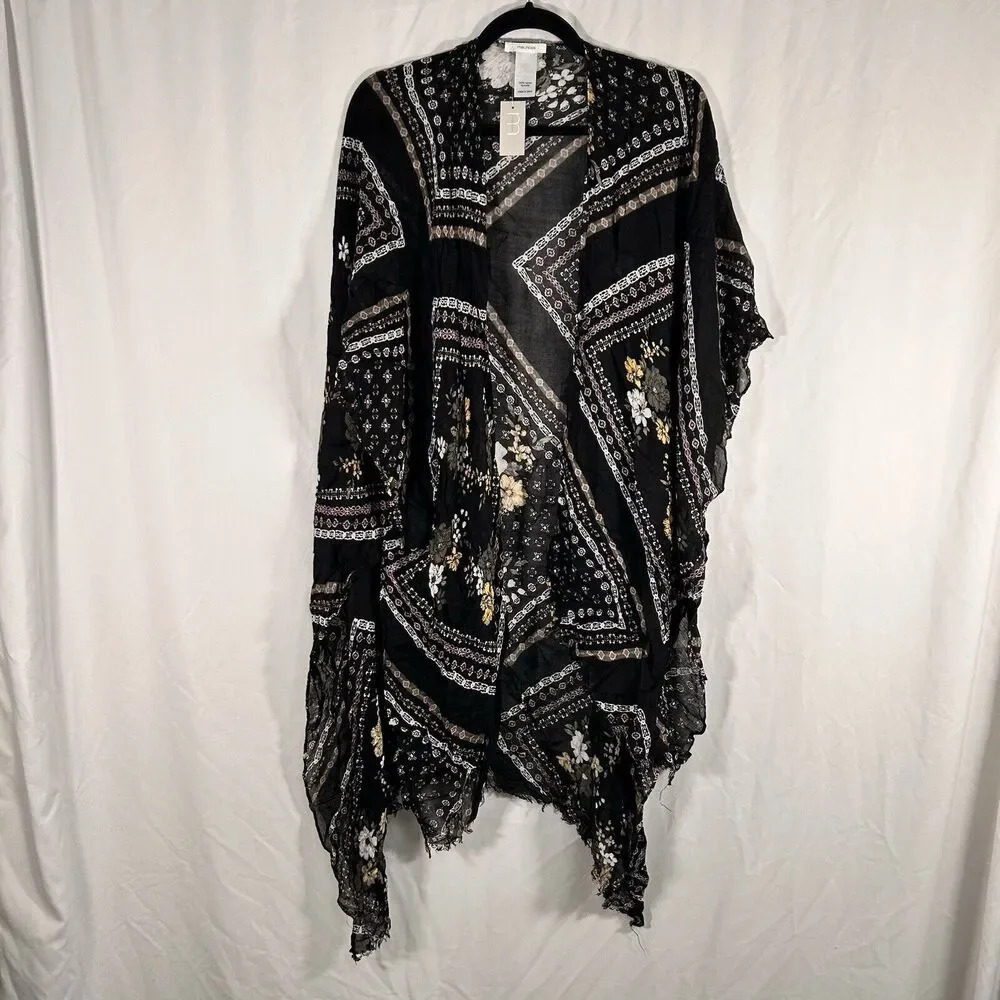 New Maurices Cardigan Women's One Size Black Print Open Front Lightweight Sheer
